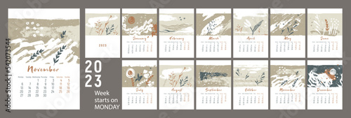 Calendar 2023. Week starts on Monday. Nature colors and texture. Theme of ecology and plants. Monthly calender 2023. 12 months. Editable calendar page template. Abstract artistic vector illustrations.