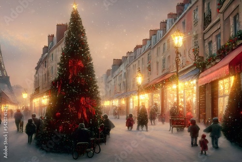 The main street in the city center during the Christmas holidays at dusk. Huge Christmas tree in the center, people shopping, beautifully lit stores. Digital painting, art. Illustration © stockcrafter
