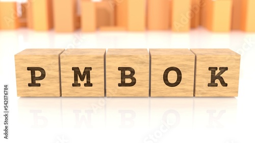 Word with the text PMBOK carved on wooden cubes reflected on the white surface. Business concept. In the back are wooden cuboids in different shapes. (3D rendering)
