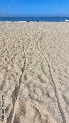 Tracks from a stroller crossing the beach sand.