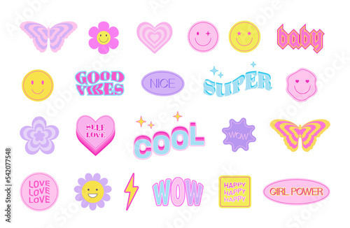  Set of cool cute stickers Y2k style. Butterfly, smile, heart, daisy, flower, abstract geometric shape in trendy 90s, 00s psychedelic style. Fashionable girl patches collection.