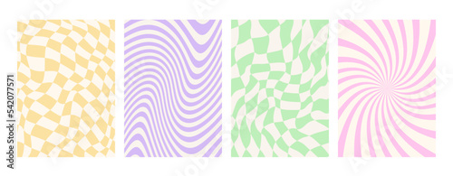 Y2k backgrounds. Waves, swirl, twirl pattern. Vector posters with chessboard, lines. Twisted and distorted texture in trendy retro 2000s style.