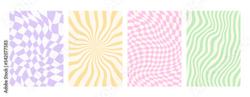 Y2k backgrounds. Waves, swirl, twirl pattern. Vector posters with chessboard, lines. Twisted and distorted texture in trendy retro 2000s style.