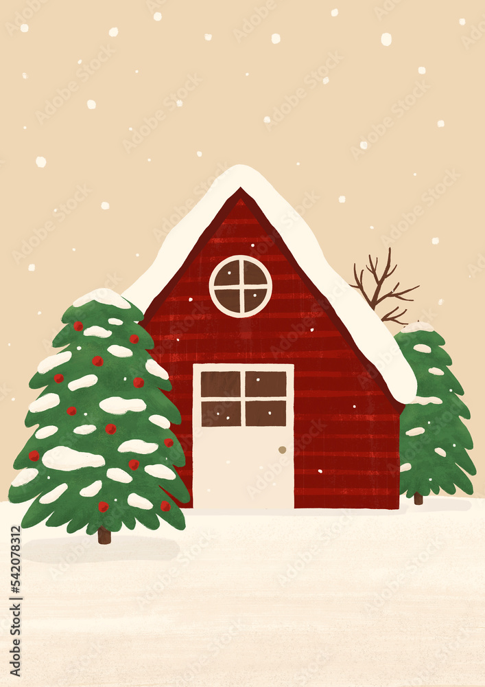 Christmas landscape illustration with a red house and pine trees.