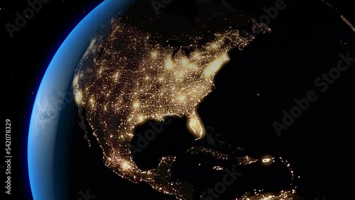 Power outage in USA. Space view of night lights going dark in North America.