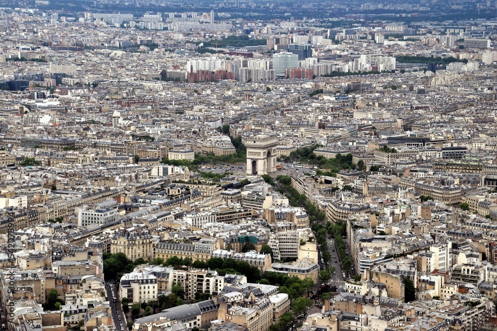 Aerial view of Paris with the Triumph arc in the center