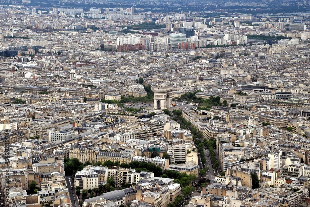 Aerial view of Paris with the Triumph arc in the center Aerial view of Paris with the Triumph arc in the center