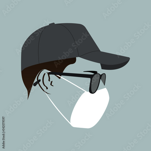Silhouette of a guy. Portrait. Avatar. Icon. Facial contours. Man in a baseball cap and sunglasses. Male head. Man head silhouette. Flat colored Male illustration. Male head in the mask