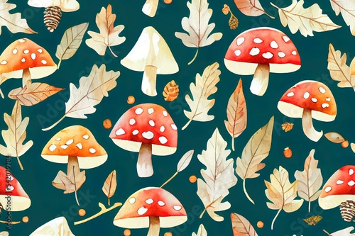 Watercolor forest pattern with wooden house,falling leaves,rowan berries,mushroom,acorn,pine cone and dwarf.Autumn seamless pattern