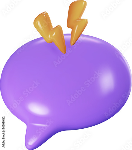 Realistic vector image of three dimensional purple speech bubble with striking golden bolts of thunder on white background