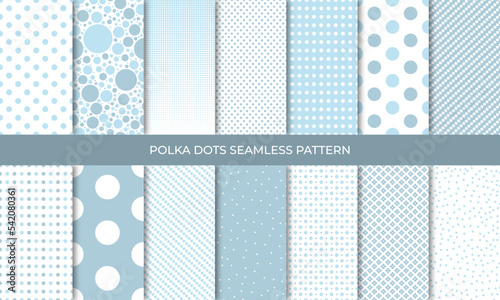 Set of seamless blue polka dot backgrounds. Seamless background in circle. Soft blue polka dot seamless pattern set. Baby background. Vector illustration