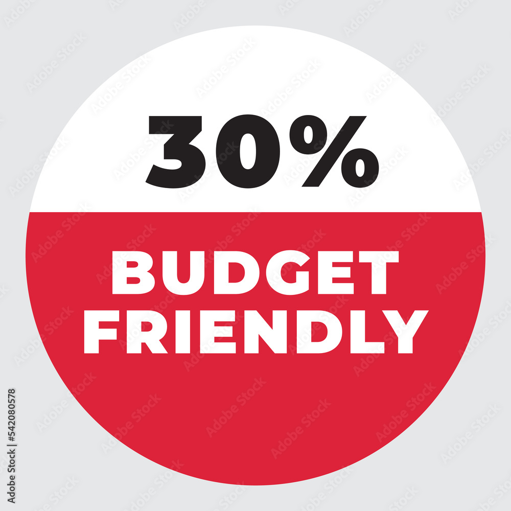 30% Budget Friendly vector sign. Warning red tag banner 