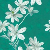 Trendy seamless 2d illustrated floral pattern. Endless print made of small white flowers. Summer and spring motifs. Green gray background. Stock 2d illustrated illustration.