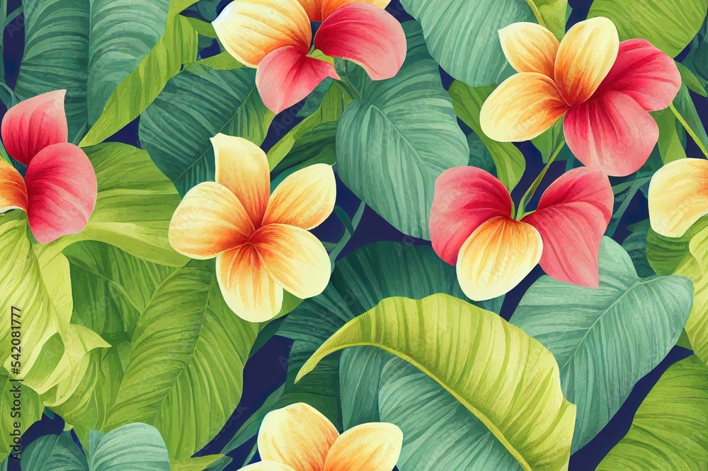 Summer colorful seamless pattern with tropical plants and bananas flowers, Digital illustration. Fabric textille
