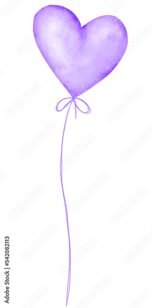 heart-shaped balloons on a rope with a bow, hand-drawn watercolor