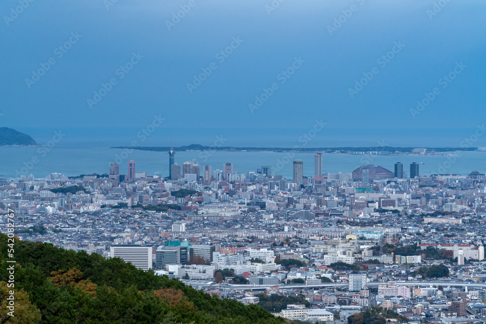 View of Fukuoka city from hill, Japan