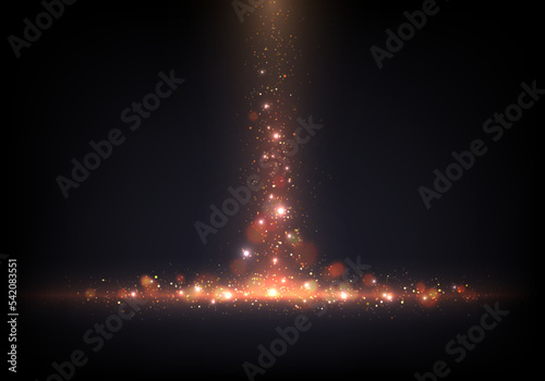 Abstract golden lighting effect sparkling with bokeh and gold glitter particles on black background