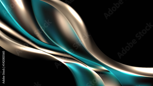 Abstract 3D liquid or fluid golden and green emerald metallic color with lighting effect isolated on black background luxury style