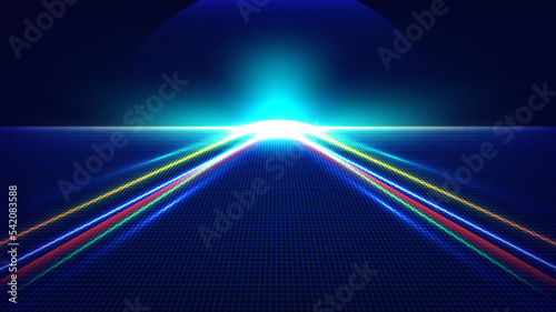 Abstract technology futuristic concept neon glowing lighting arrow lines way light burst on dark blue grid perspective background