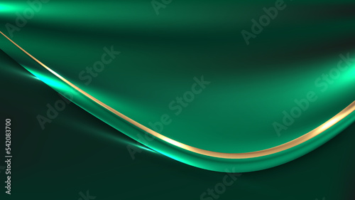 Abstract luxury green fabric satin background with shiny golden line with lighting effect
