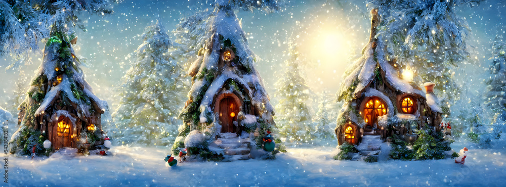 Abstract fairy town village with bokeh and christmas lights as advent decoration. Banner size. 3d