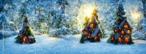Abstract fairy town village with bokeh and christmas lights as advent decoration. Banner size. 3d