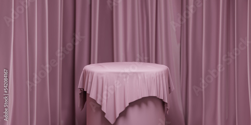 Empty round podium with background covered with pink cloth. Stand against the background of pink silk fabric curtains. Extension 7000x3500. High quality 3d illustration