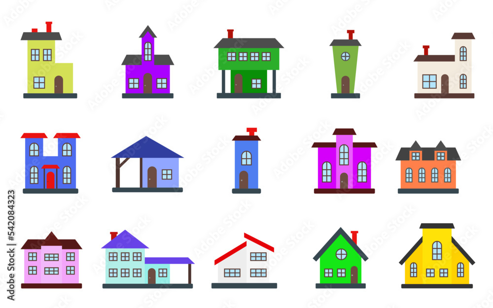 Houses exterior front view flat icon set. Residential townhouse building apartment. Home facade with doors and windows. Various shape urban suburban town house cottage isolated on white background