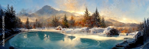 Leinwand Poster Winter holidays, hot bath outdoors. Digital Illustration