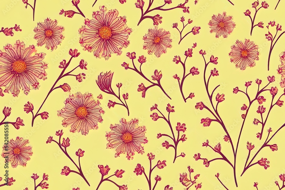 Vintage floral background. Floral pattern with small pastel color flowers on a yellow mustard background. Seamless pattern for design and fashion prints. Ditsy style. Stock 2d illustrated illustration