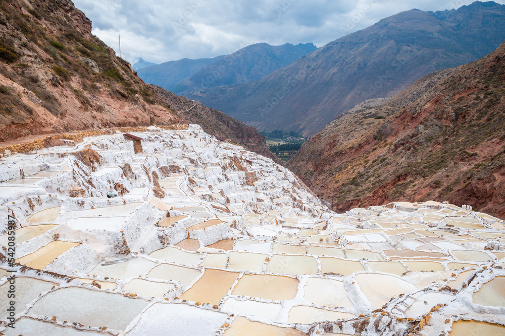 panoramic view of maras salt mine, peru