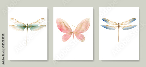 Art background with butterflies and dragonfly with watercolor texture and golden hand drawn art line style. Vector set of prints for decoration design, print, textile, wallpaper, interior design.