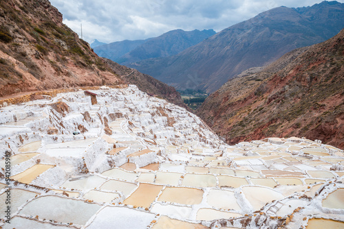 panoramic view of maras salt mine, peru