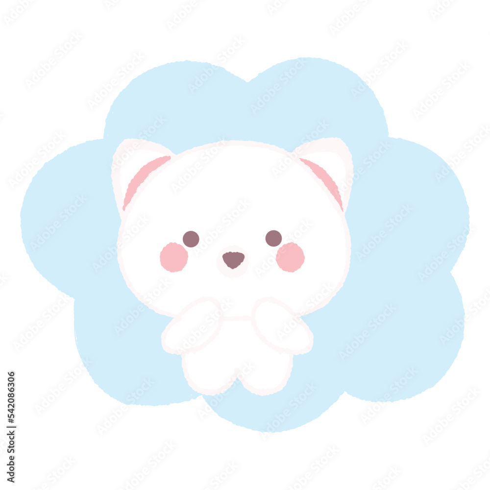 Cute baby ermine, stoat, weasel on blue cloud. Hand drawn vector illustration in crayon colored texture isolated on white background.