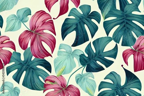 Tropical ethnic leaves and flowers abstract colorful seamless pattern illustration. Fabric motif texture repeated endless all over. Exotic palms  monstera leafs and orchids on white background.