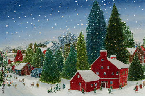 A little village with red houses and roof covered with snow nect to tall pine trees at Christmas Eve night 