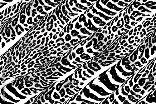 Zebra and leopard skins patchwork wallpaper abstract black and white wild animal texture 2d illustrated seamless pattern