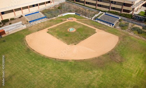 This photograph shows an aerial, overhead view of an empty baseball field.