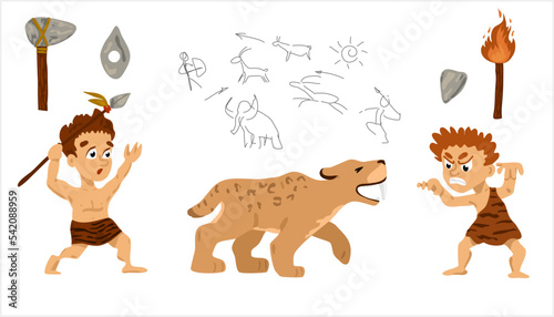 Prehistoric stone age set, primitive people, stone age weapon and tools vector Illustrations. Stone age people. Cartoon Character 
Ancient people hunted smilodons. Saber-toothed lion attacked people. 