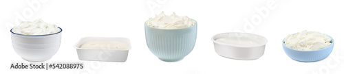 Set with tasty cream cheese on white background. Banner design