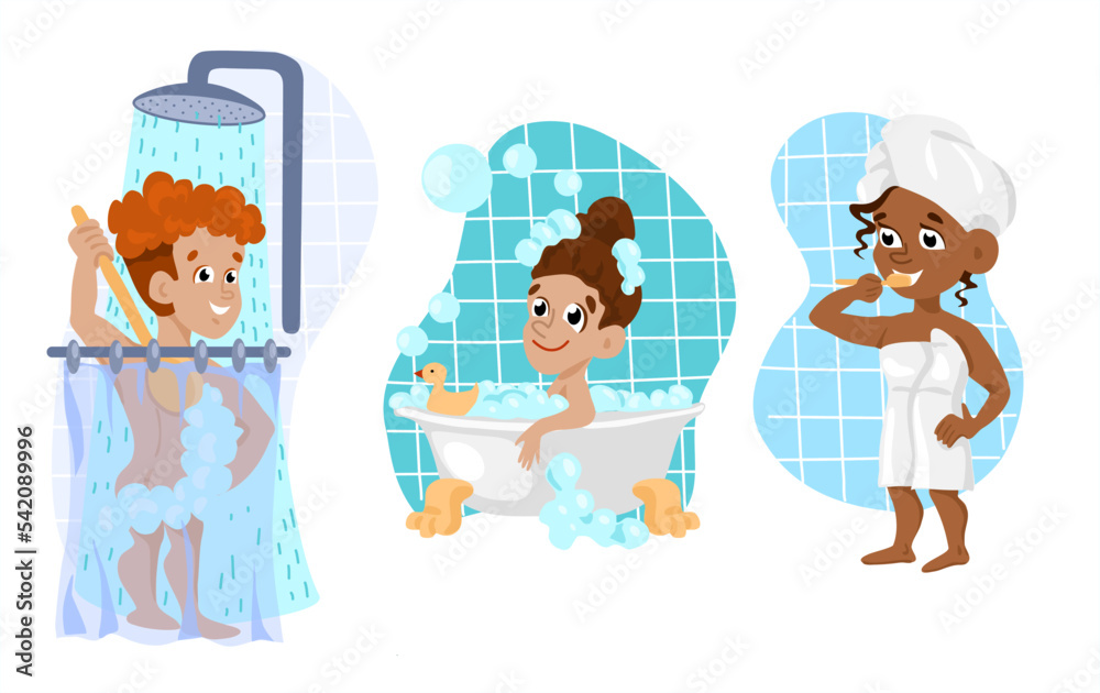 Set of cute characters in the bathroom. The girl brushes her teeth. A ...