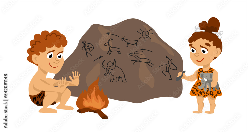 Vecteur Stock Prehistoric stone age set, primitive people, stone age