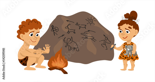 Prehistoric stone age set, primitive people, stone age weapons and tools vector illustration. stone age people. cartoon character. The girl draws rock paintings. The boy warms himself by the fire.