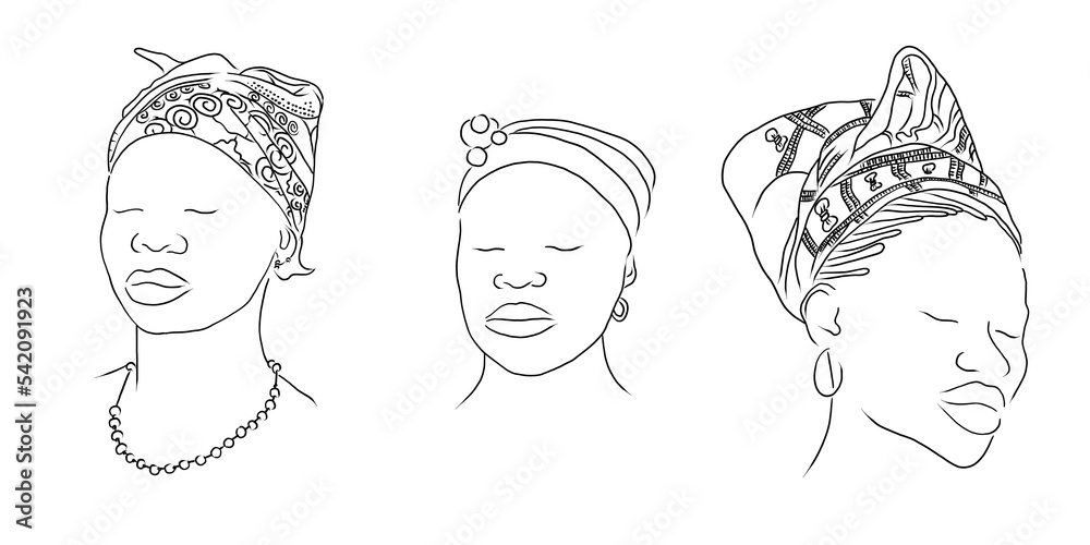 African Women Portraits Line Arts -  Black Woman Contour Silhouette, Faces, Drawing, Illustration, Afro Posters