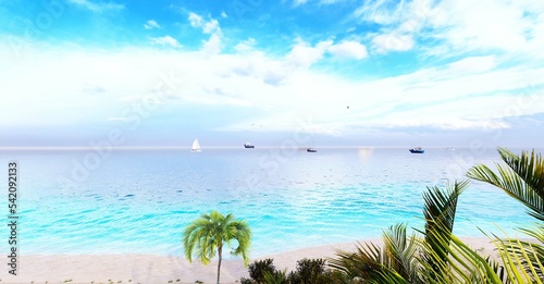 Coconut palm trees against blue sky and beautiful beach. Vacation holidays background wallpaper. View of nice tropical beach. 3d rendering.