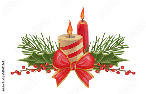 Isolated arrangement with Christmas decoration. Candle. Bow. Spruce branches. Holly. The print is used for packaging design, fabric. Watercolor gouache illustration.