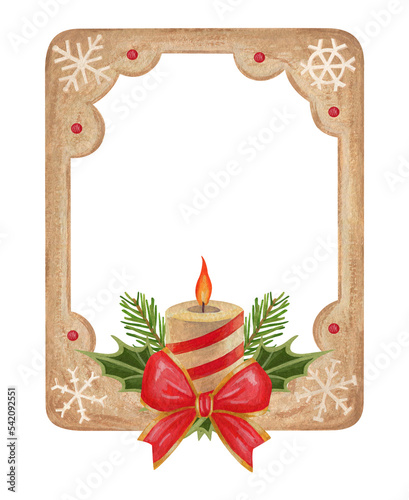 Frame made of Christmas plants. Candle Red bow. Christmas berries. A branch of a fir tree. Holly. Watercolor and gouache elements.  The print is used for packaging design, fabric.