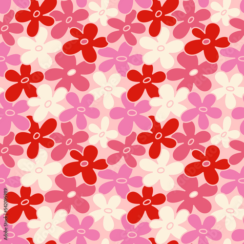 Hand drawn flower illustration. Seamless floral vector pattern in pink, red, and white.