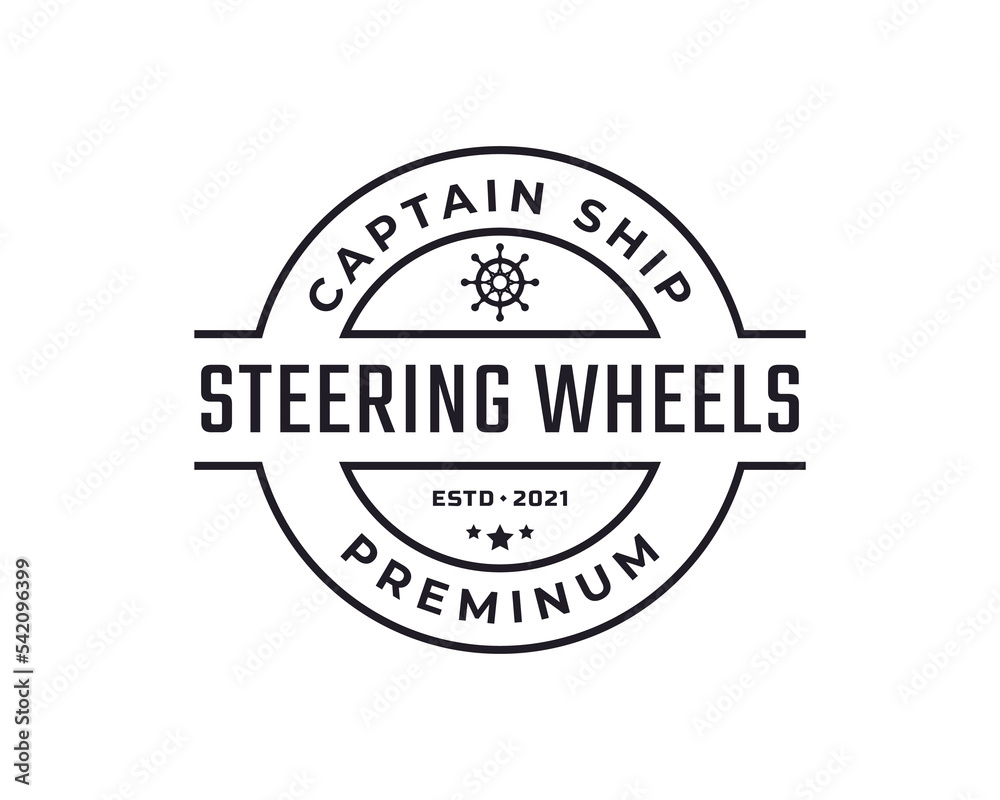 Vintage Retro Badge Emblem Steering Wheel Captain Boat Ship Yacht Compass Transport Logo Design Linear Style