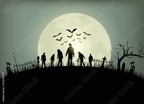 Halloween spooky night poster, Silhouette of zombies walking, Vector Illustration